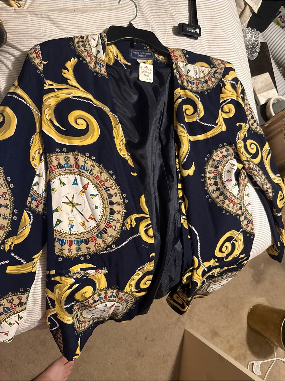 Norton McNaughton Navy Blazer with Gold Baroque & Compass Motif